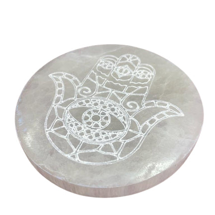 Carved - Charging plate - Hamsa - Selenite