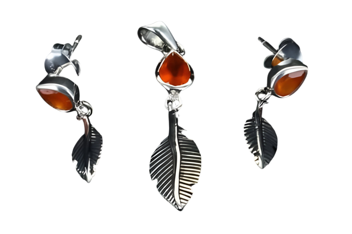 Necklace & Earrings Set - Feather .925 Silver chain - Carnelian