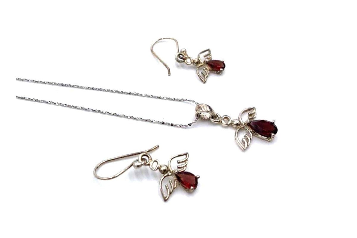 Necklace & Earrings Set - Angel .925 Silver chain - Garnet