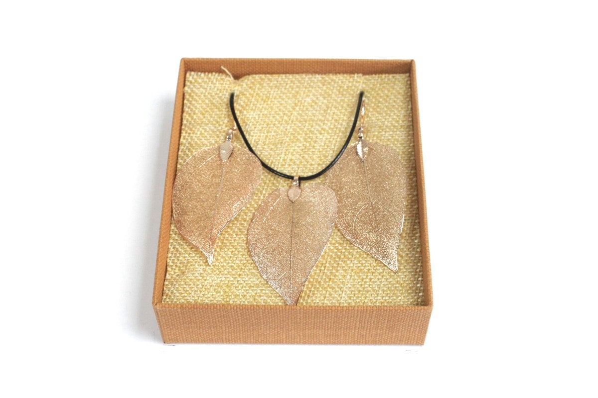 Necklace & Earrings Set - Bravery Leaf - Rose Gold