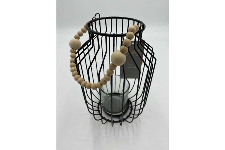 Candle Holder - Wire Lantern with Wooden Hanger